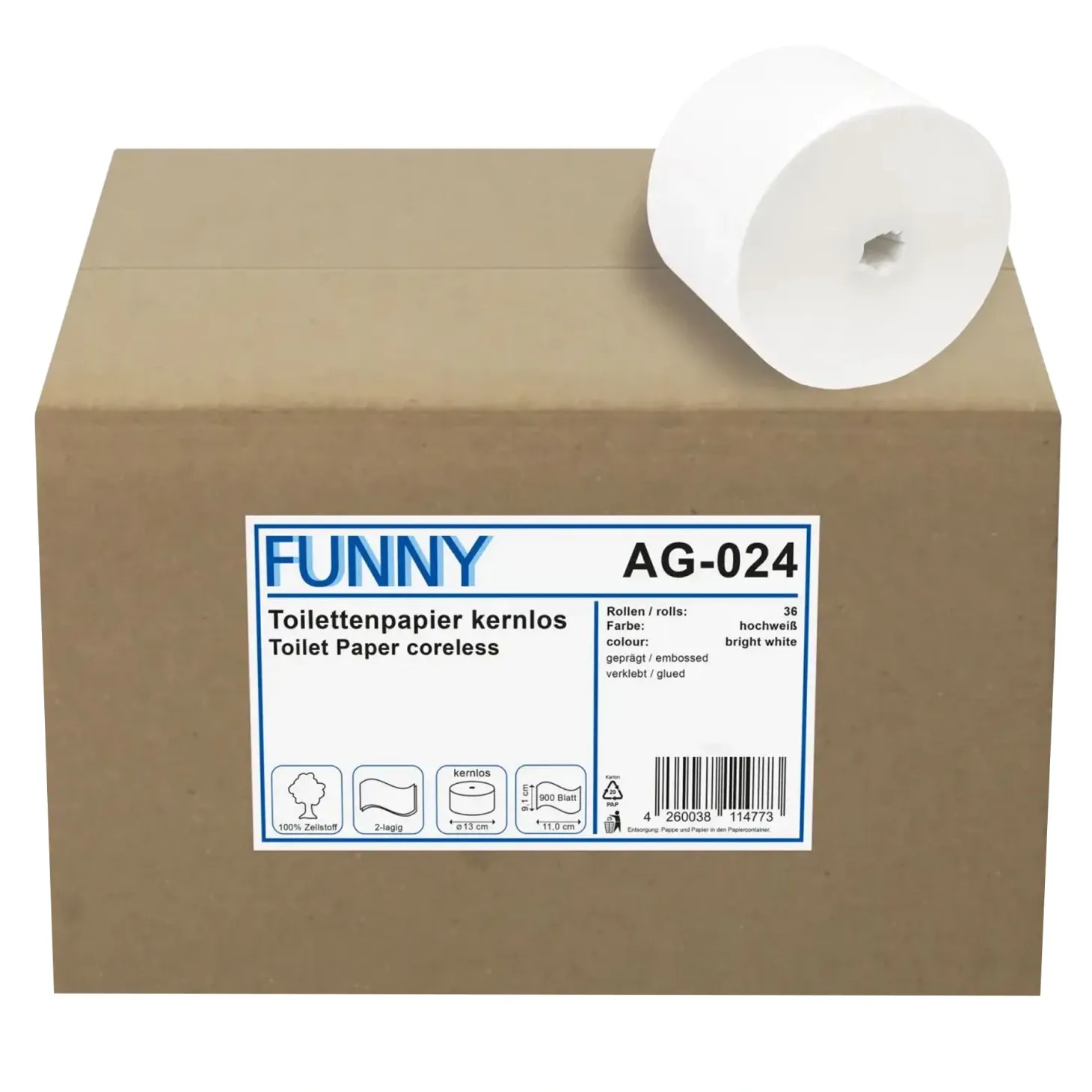 FUNNY Toilettenpapier kernlos 2-lagig, hochweiß, 900 Blatt