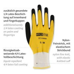 Hygostar Wet Protect Feinstrickhandschuhe mit Latex-Beschichtung gelb/schwarz, VE 120 Paar