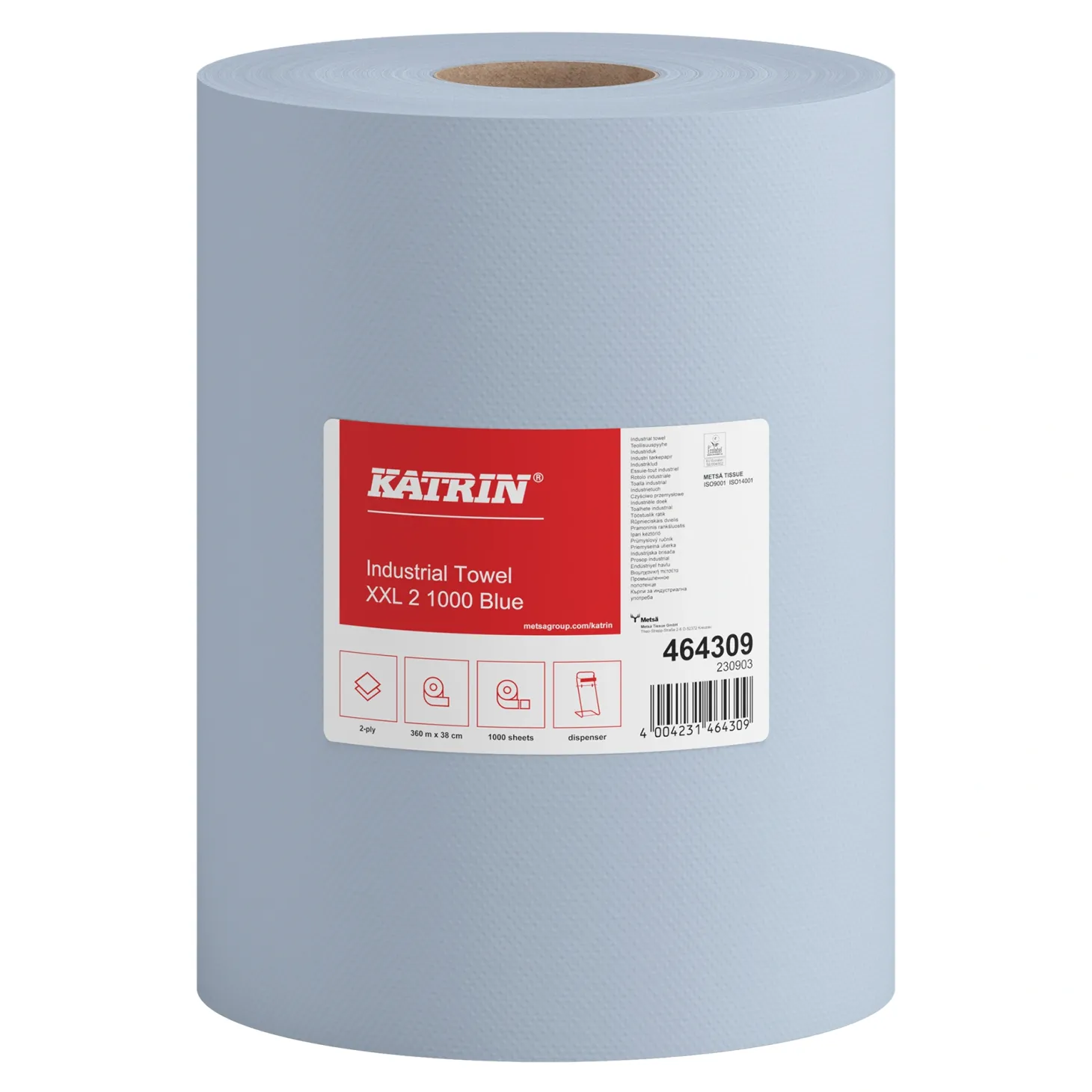 Katrin 464309 XXL Industrieputztuchrolle blau, 2-lagig, 38 cm breit, 1000 Tücher