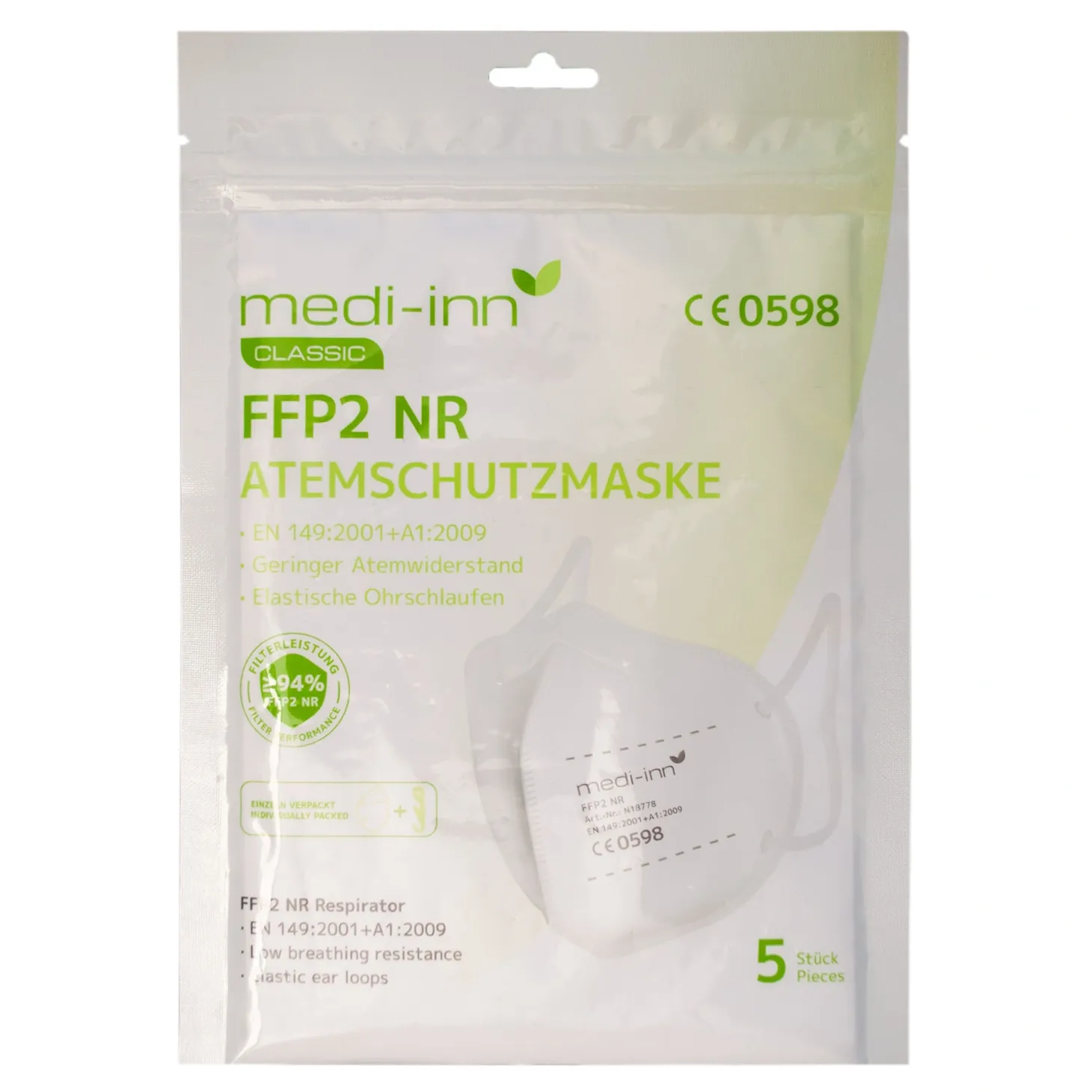 Medi-Inn FFP2 NR Atemschutzmasken ohne Ventil, 4-lagig, CE-Nummer: 0589, weiß
