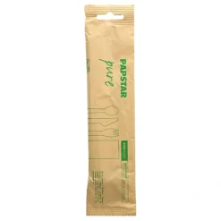 PAPSTAR Besteckset, Holz "pure" : Messer, Gabel, Löffel, Serviette in Papierbeutel