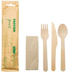 PAPSTAR Besteckset, Holz "pure" : Messer, Gabel, Löffel, Serviette in Papierbeutel
