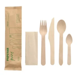 PAPSTAR Bestecksets Holz "pure" : Messer, Gabel, Löffel, Kaffeelöffel, Serviette in Papierbeutel