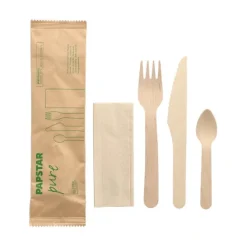 PAPSTAR Bestecksets Holz "pure" : Messer, Gabel, Kaffeelöffel, Serviette in Papierbeutel