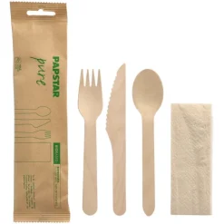 PAPSTAR Bestecksets, Holz "pure" : Messer, Gabel, Löffel, Serviette in Papierbeutel