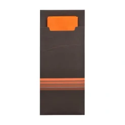 PAPSTAR Bestecktaschen 20 cm x 8,5 cm schwarz/orange "Stripes" inkl. farbiger Serviette 33 x 33 cm 2-lag.