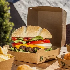 PAPSTAR Burgerboxen, Pappe 9 cm x 18,5 cm x 18,5 cm braun "100% Fair" extra groß