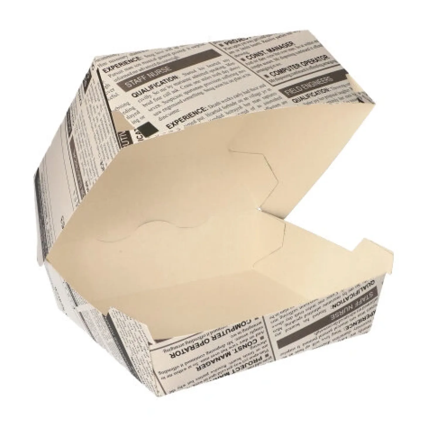 PAPSTAR Burgerboxen, Pappe 7 cm x 12,5 cm x 12,5 cm "Newsprint" groß