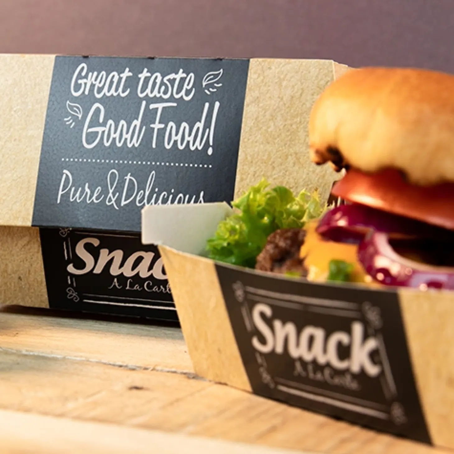 PAPSTAR Burgerboxen, Pappe "pure" 8,5 cm x 15,5 cm x 15,5 cm "Good Food" XXL