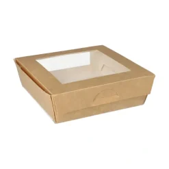 PAPSTAR Feinkostboxen, Pappe mit Sichtfenster aus PLA eckig 1000 ml 16 cm x 16 cm x 5 cm braun