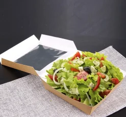 PAPSTAR Feinkostboxen, Pappe mit Sichtfenster aus PLA eckig 750 ml 14 cm x 14 cm x 5 cm braun