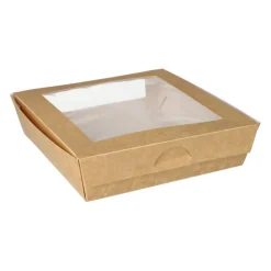 PAPSTAR Feinkostboxen, Pappe mit Sichtfenster aus PLA eckig 1500 ml 19 cm x 19 cm x 5 cm braun