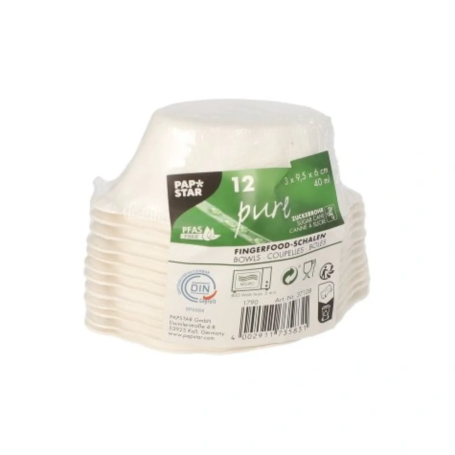 PAPSTAR Fingerfood - Schalen Zuckerrohr "pure" 40 ml 3 cm x 9,5 cm x 6 cm weiß "Wave", 12 x 12 Stück