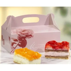 PAPSTAR Gebäck-Kartons, Pappe eckig 23 cm x 16 cm x 9 cm rosé mit Tragegriff