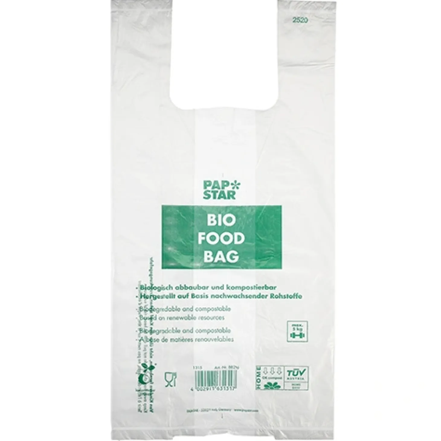 PAPSTAR Hemdchen-Tragetaschen, Bio-Folie 55 cm x 28 cm x 20 cm transparent Knotenbeutel auf Rolle