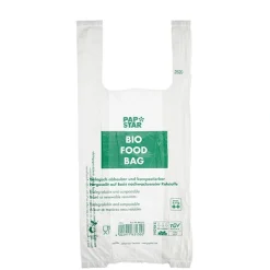 PAPSTAR Hemdchen-Tragetaschen, Bio-Folie 47 cm x 22 cm x 13 cm transparent Knotenbeutel auf Rolle, 16 x 150 Stück