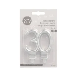 PAPSTAR Jubiläumskerzen mit Halter 7 cm silber "30"