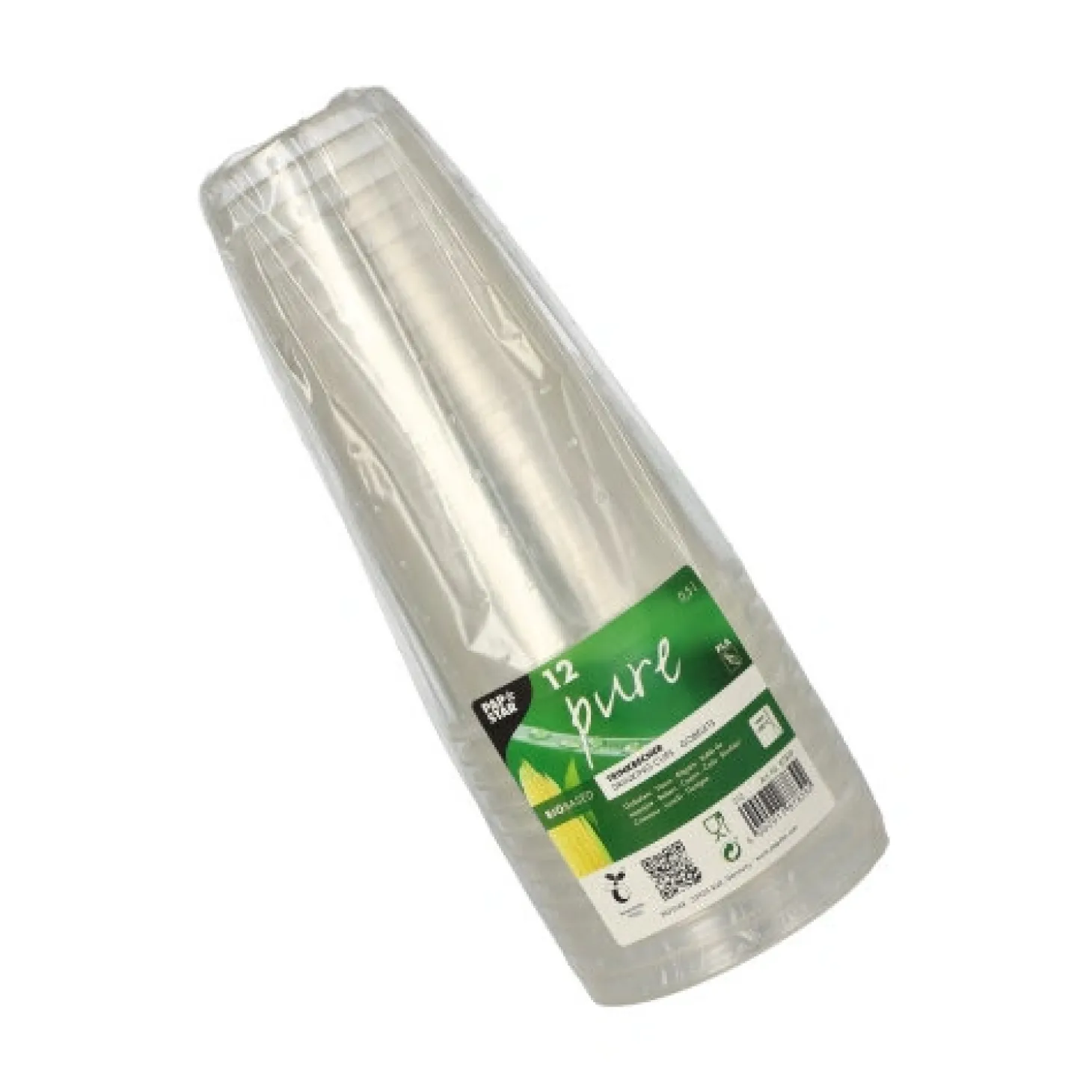 PAPSTAR Kaltgetränkebecher, PLA "pure" 0,5 l Ø 9,5 cm, 16,2 cm glasklar mit Schaumrand, 12 x 12 Stück