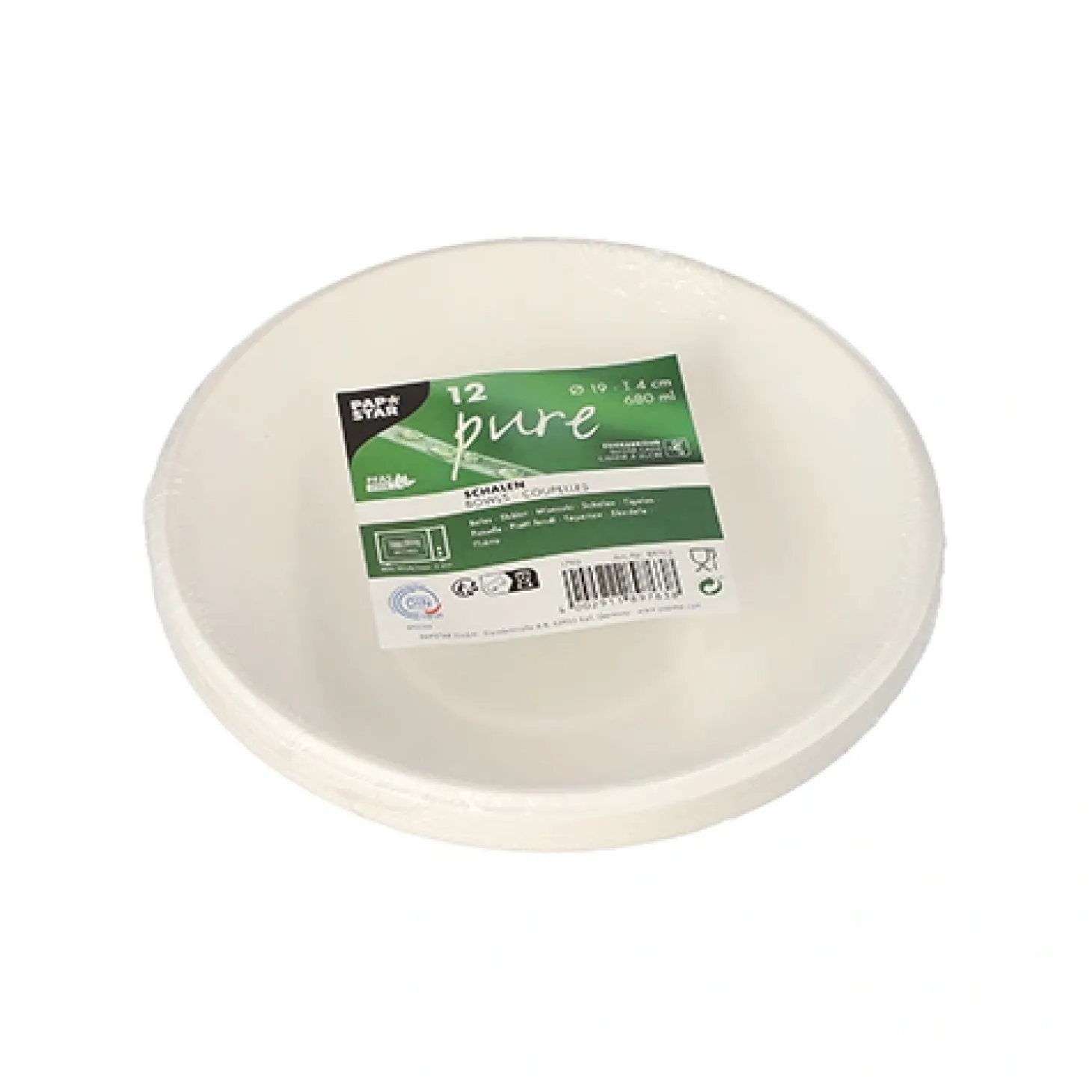 PAPSTAR Schalen, Zuckerrohr "pure" 680 ml Ø 19 cm, 4 cm weiß, 12 x 12 Stück