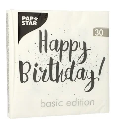 PAPSTAR Servietten, 3-lagig 1/4-Falz 33 cm x 33 cm "Happy Birthday", 12 x 30 Stück