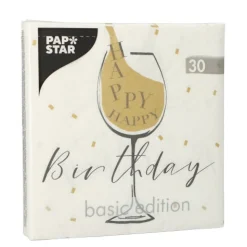 PAPSTAR Servietten, 3-lagig 1/4-Falz 33 cm x 33 cm weiß "Happy Birthday"