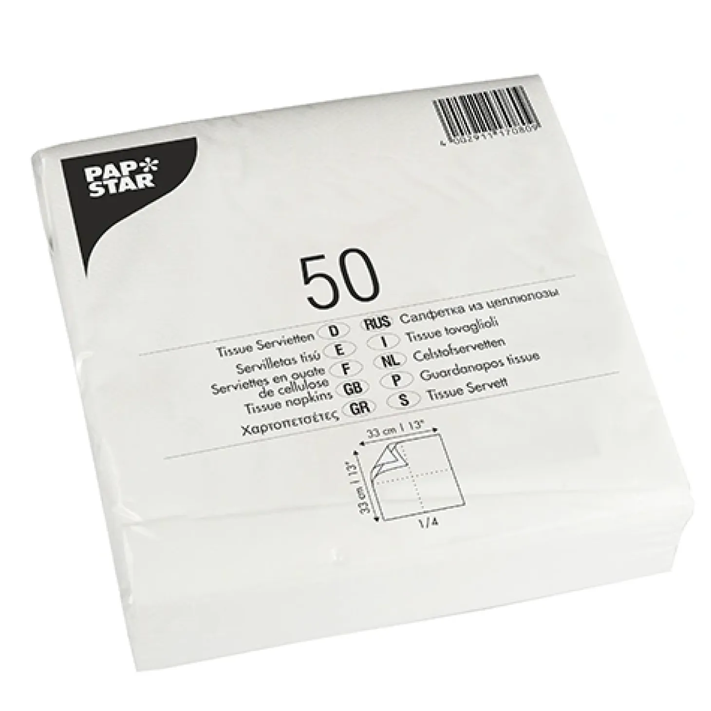 PAPSTAR Servietten, 2-lagig 1/4-Falz 33 cm x 33 cm weiß, 29 x 50 Stück