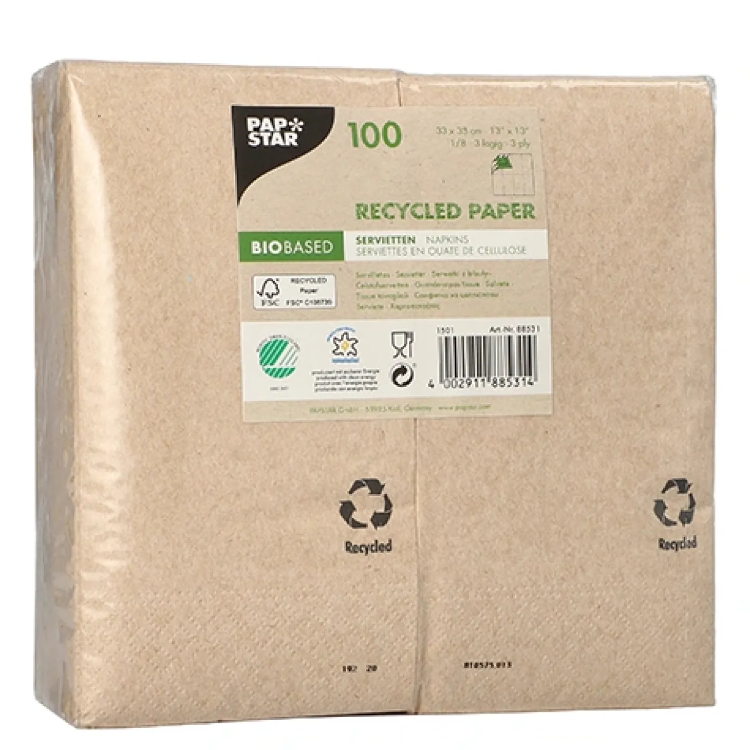 PAPSTAR Servietten, 3-lagig 1/8-Falz 33 cm x 33 cm natur aus recyceltem Papier