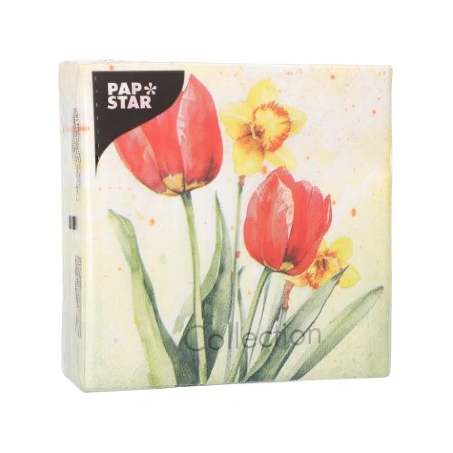 PAPSTAR Servietten, 3-lagig 1/4-Falz 25 cm x 25 cm "Tulips & Daffodils", 12 x 50 Stück
