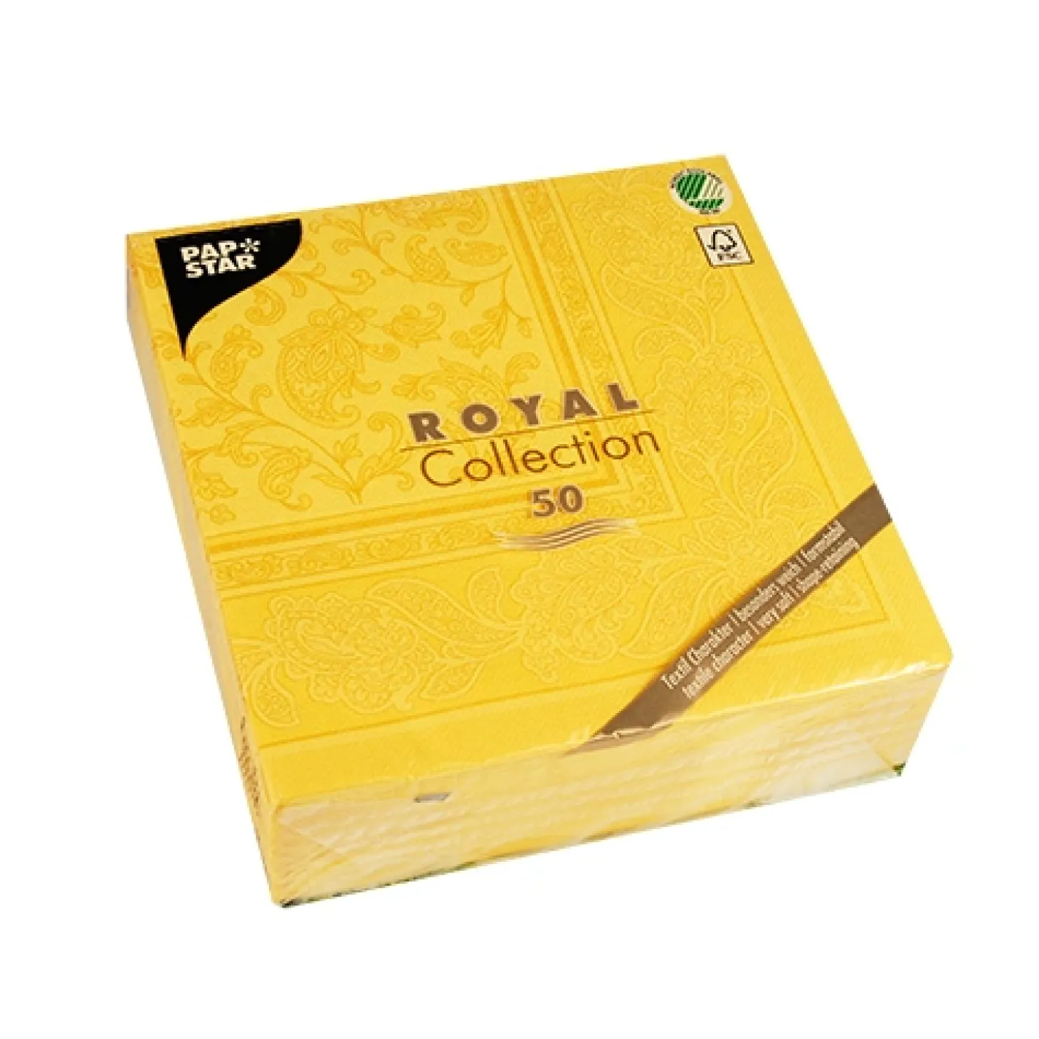 PAPSTAR Servietten "ROYAL Collection" 1/4-Falz 40 cm x 40 cm gelb "Ornaments", 5 x 50 Stück