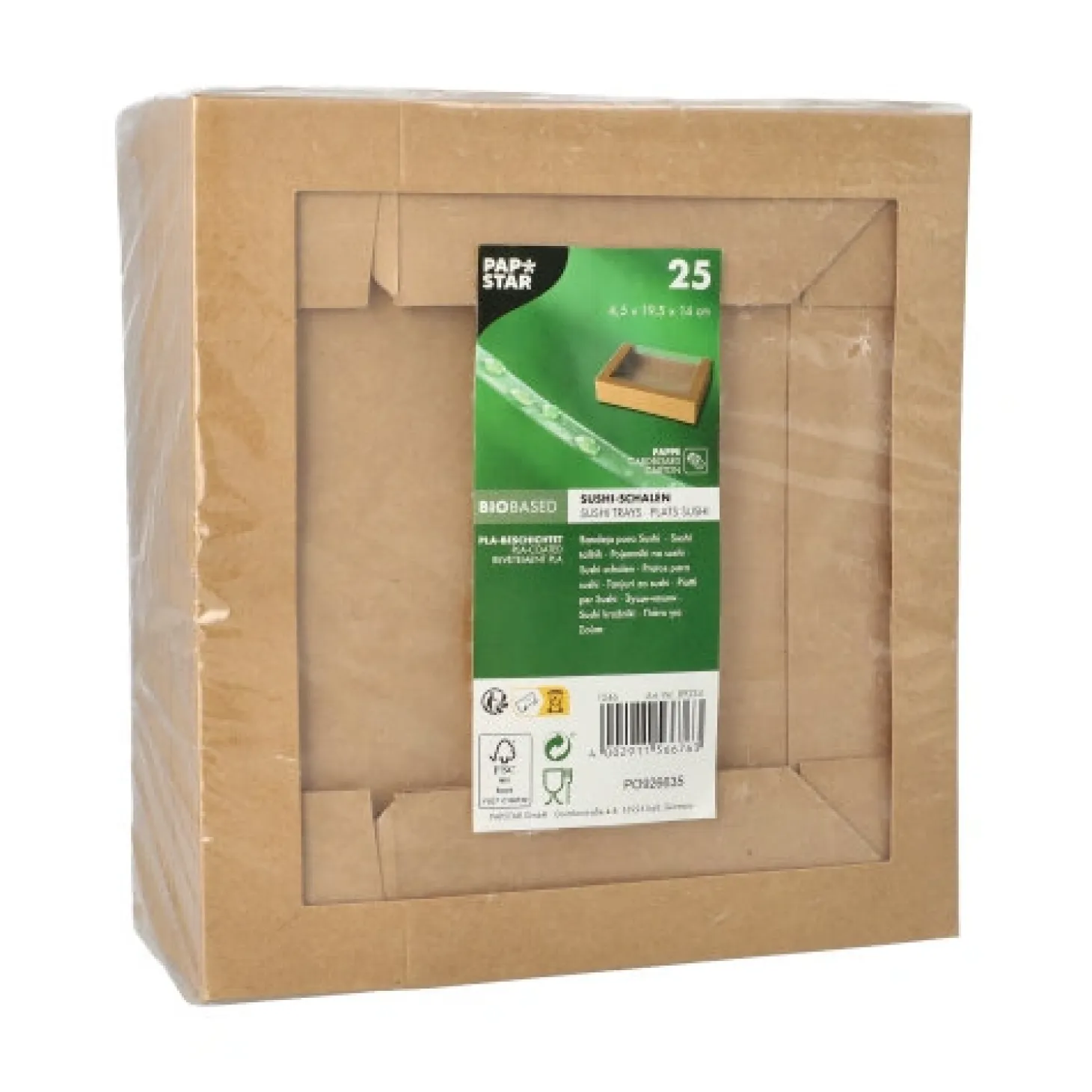 PAPSTAR Sushi-Schalen Pappe, PLA-beschichtet eckig 4,5 cm x 19,5 cm x 14 cm braun