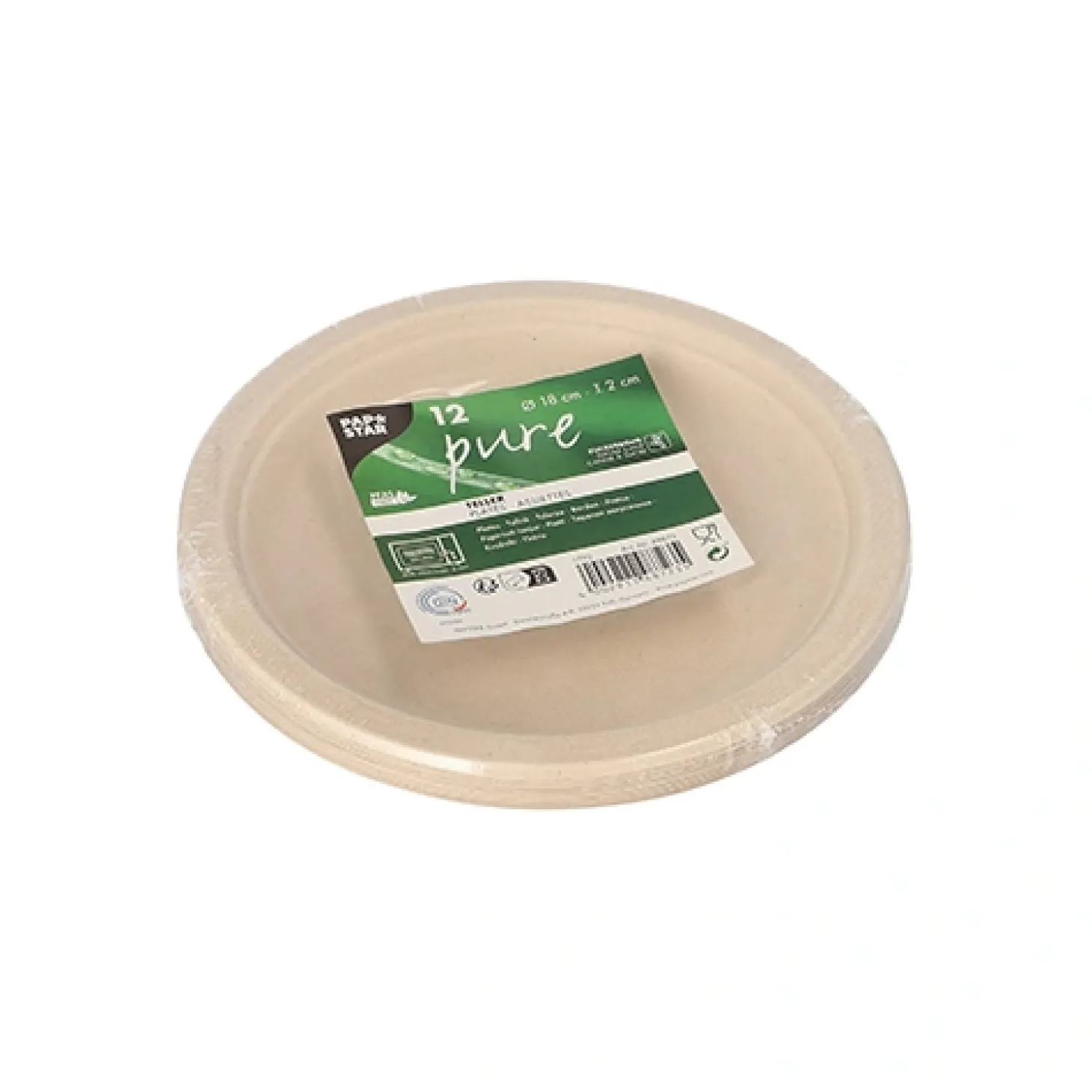 PAPSTAR Teller, Zuckerrohr "pure" ungeteilt Ø 18 cm, 2 cm natur, 12 x 12 Stück