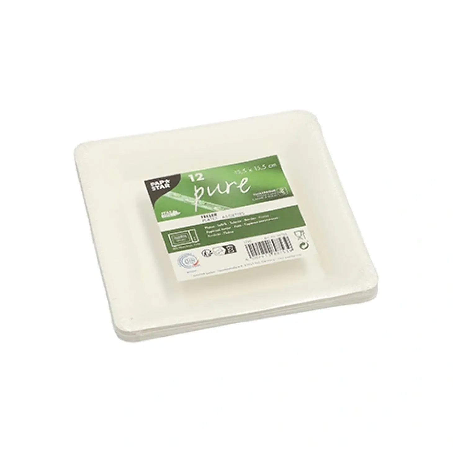 PAPSTAR Teller, Zuckerrohr "pure" eckig 15,5 cm x 15,5 cm weiß, 12 x 12 Stück