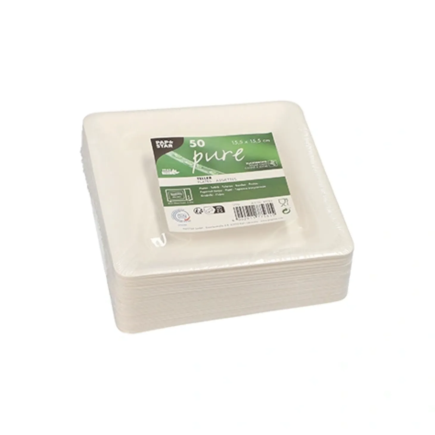 PAPSTAR Teller, Zuckerrohr "pure" eckig 15,5 cm x 15,5 cm weiß, 10 x 50 Stück