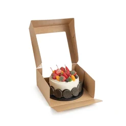 PAPSTAR Tortenkartons mit Deckel eckig 10 cm x 23 cm x 23 cm mit Sichtfenster aus PLA