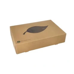 PAPSTAR Transport- und Catering-Kartons, Pappe "pure" 8 cm x 35,7 cm x 24,7 cm braun "100% Fair" mit Sichtfenster aus PLA
