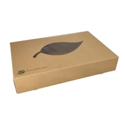 PAPSTAR Transport- und Catering-Kartons, Pappe "pure" 8 cm x 46,4 cm x 31,3 cm braun "100% Fair" mit Sichtfenster aus PLA