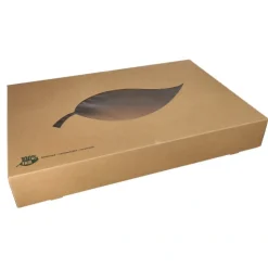PAPSTAR Transport- und Catering-Kartons, Pappe "pure" 8 cm x 55,7 cm x 37,6 cm braun "100% Fair" mit Sichtfenster aus PLA