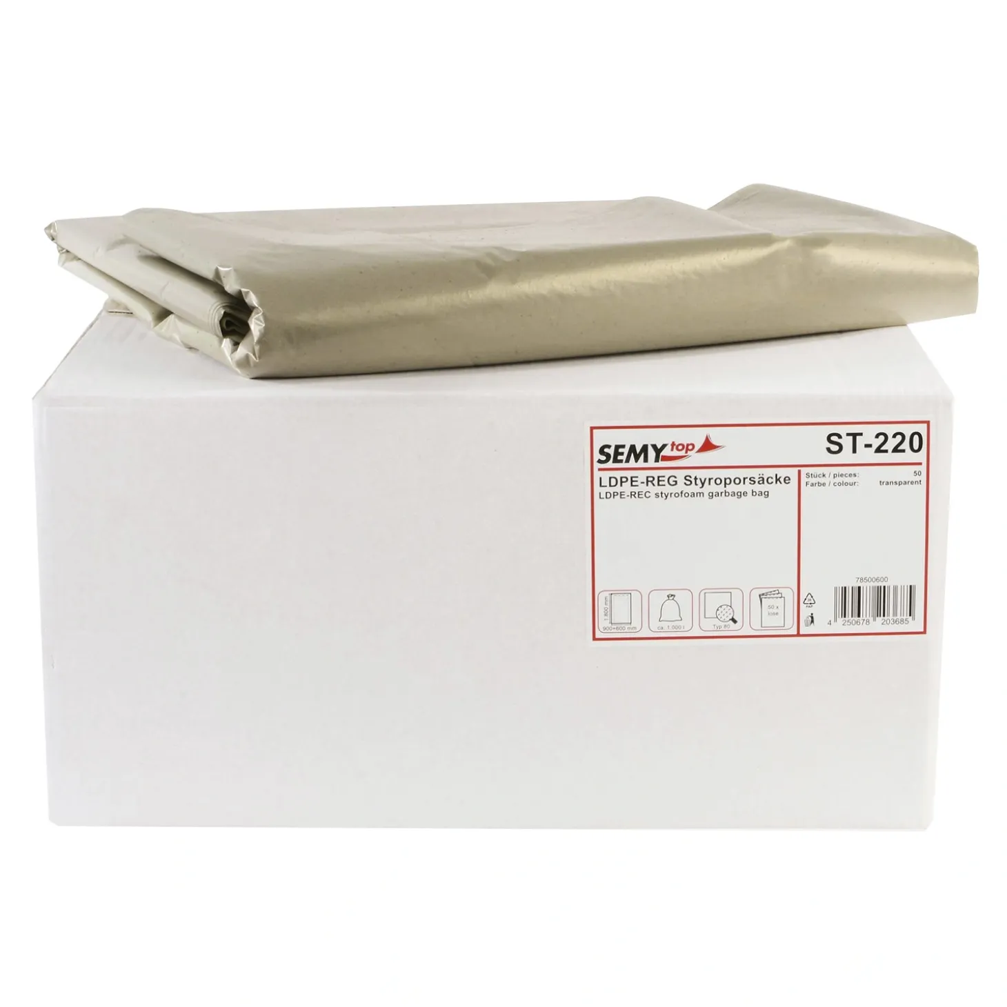 SEMYtop LDPE-Regenerat Styroporsäcke mit Seitenfalten 1000 Liter, transparent, 50 my (Typ 80)