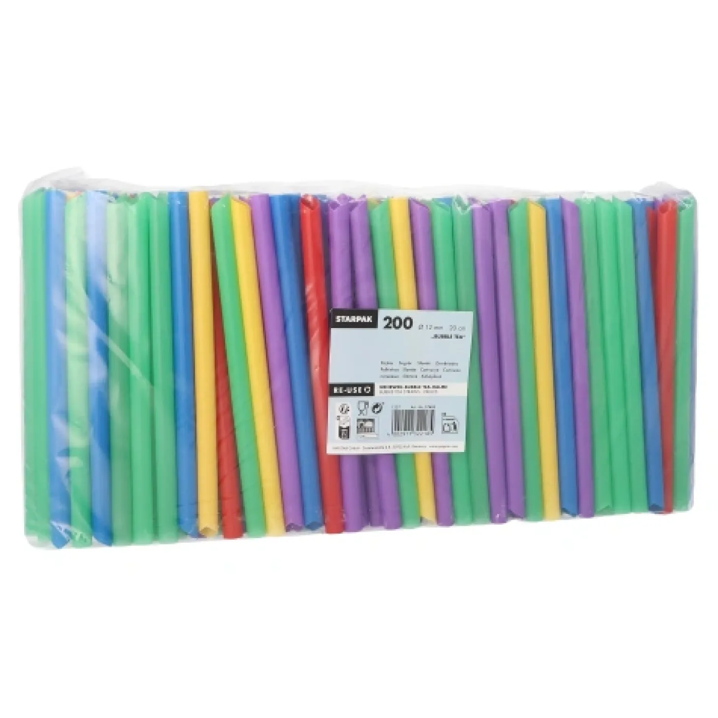 Starpak Mehrweg-Bubble Tea Halme PP Ø 12 mm, 20 cm farbig sortiert einseitig spitz, 6 x 200 Stück