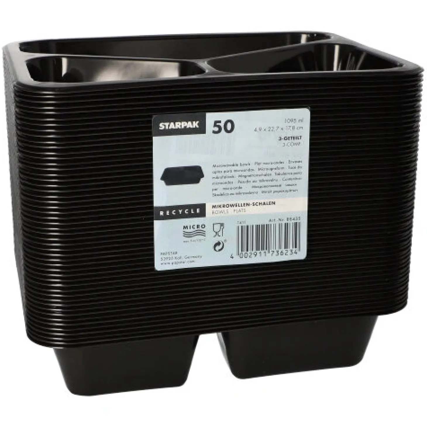 Starpak Mikrowellenschalen, PP 3-geteilt 1095 ml 4,9 cm x 22,7 cm x 17,8 cm schwarz