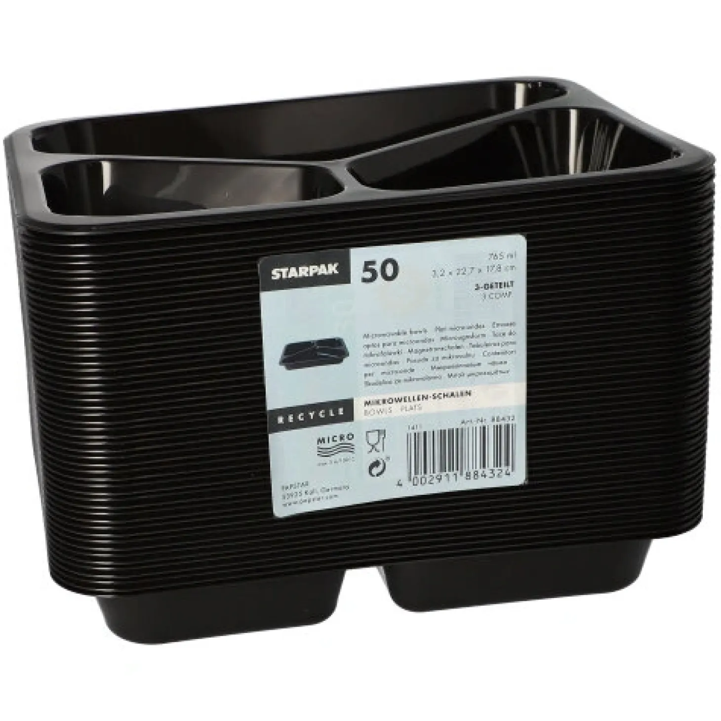 Starpak Mikrowellenschalen, PP 3-geteilt 765 ml 3,2 cm x 22,7 cm x 17,8 cm schwarz