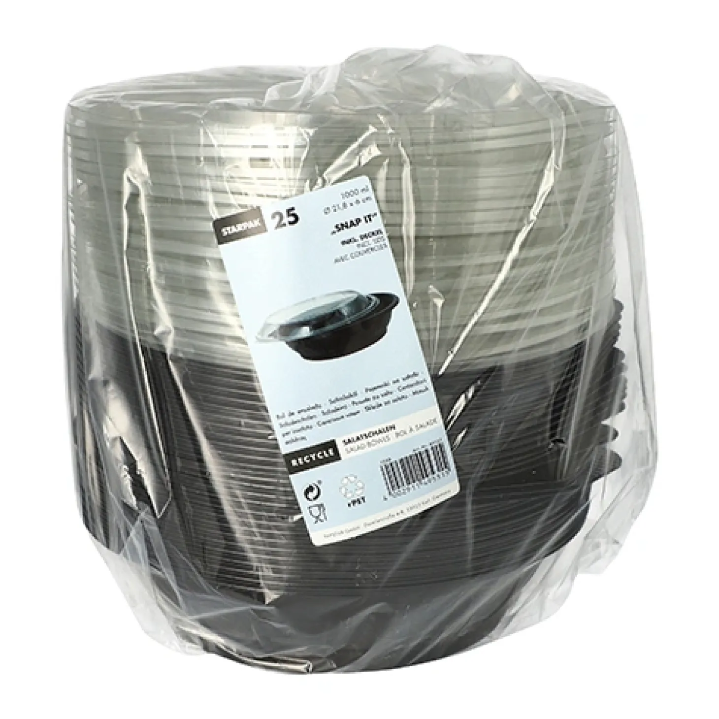 Starpak Salatschalen, PET 1000 ml Ø 21,8 cm, 6 cm schwarz "Snap It" mit Deckel R-PET glasklar