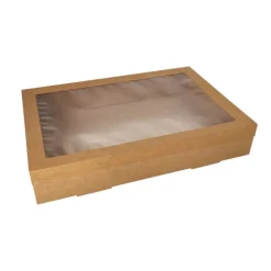 Starpak Transport- und Catering-Kartons, Pappe eckig 8 cm x 31 cm x 45 cm braun mit separatem Deckel und Sichtfenster aus PET