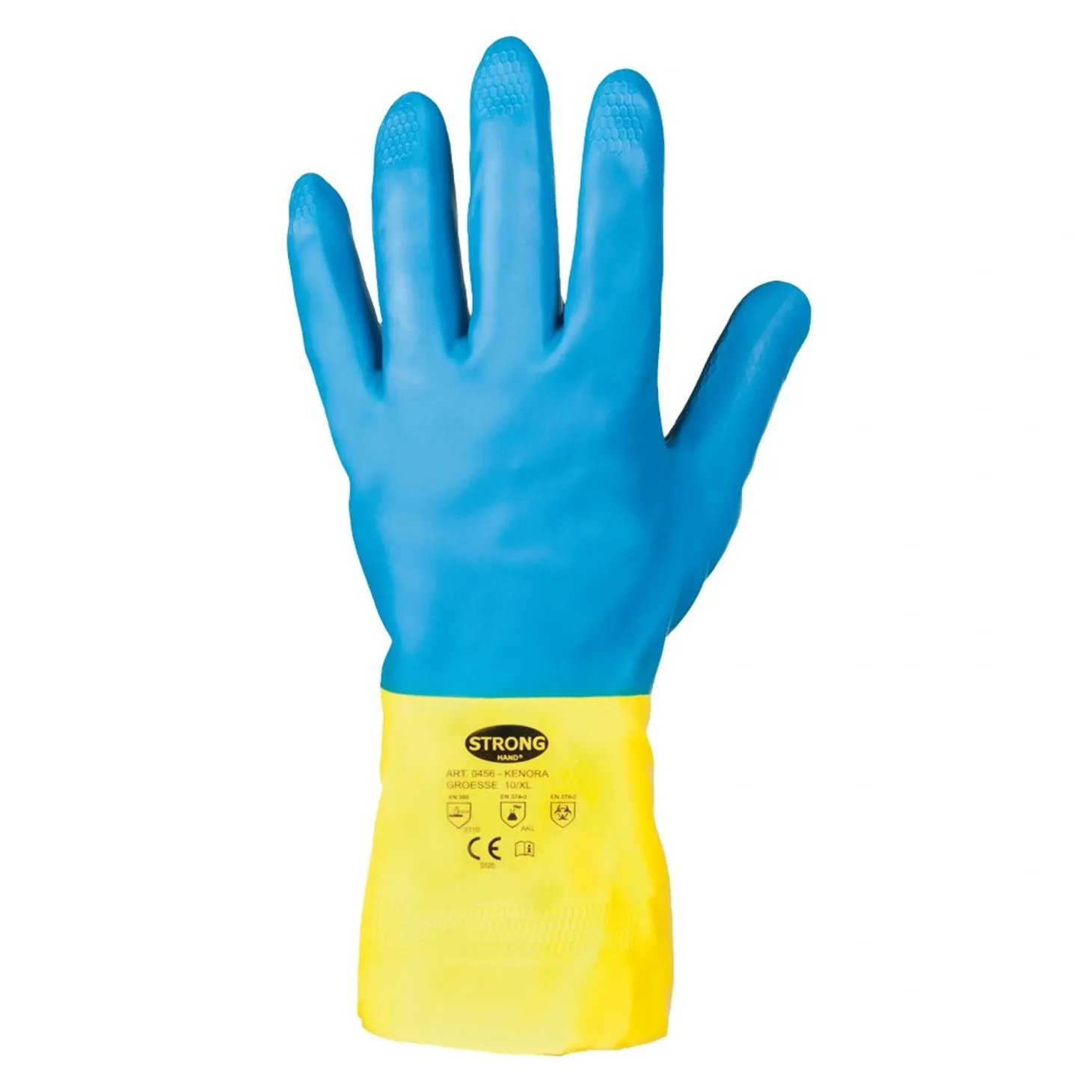 Stronghand Kenora 0456 Chemikalienschutzhandschuhe mit Latex-Beschichtung blau/gelb, VE 144 Paar