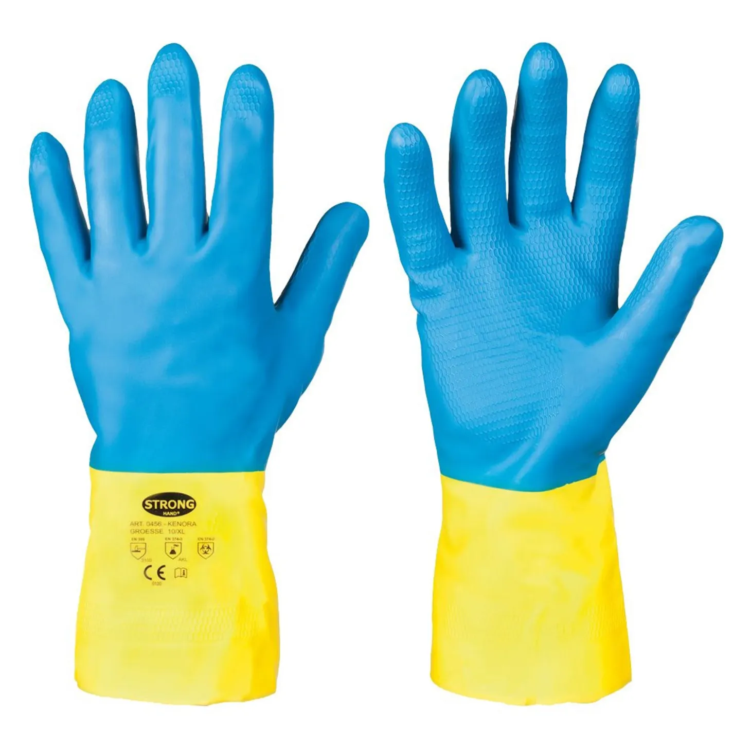 Stronghand Kenora 0456 Chemikalienschutzhandschuhe mit Latex-Beschichtung blau/gelb, VE 144 Paar